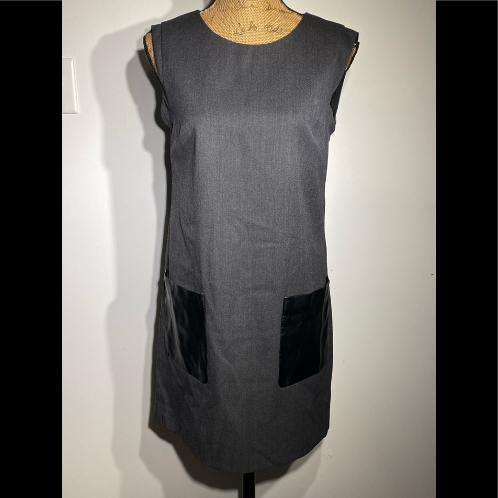 J crew wool blend faux leather black pockets on charcoal gray sheath dress